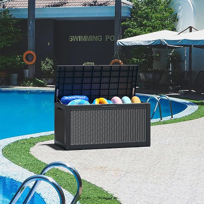 NUNU LAB 101 Gallon Resin Deck Box – Large Lockable Outdoor Storage Box with Gas Lift, Waterproof Patio Storage for Cushions, Garden Tools, Pool Supplies, and More, Black