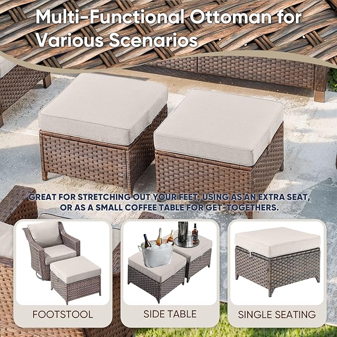 Outdoor Wicker Chair Patio Chairs-Rattan Wicker Chairs with Ottomans Patio Conversation Sets for Porch Garden Balcony Backyard Poolside-Brown/Beige
