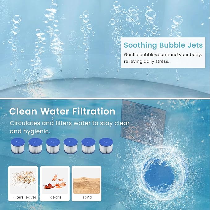 Inflatable Hot Tub for 4-6 People, Portable Bubble Massage Spa with 130 Soothing Jets, Built-in Heater Pump & 6 Filter Cartridges (Round)