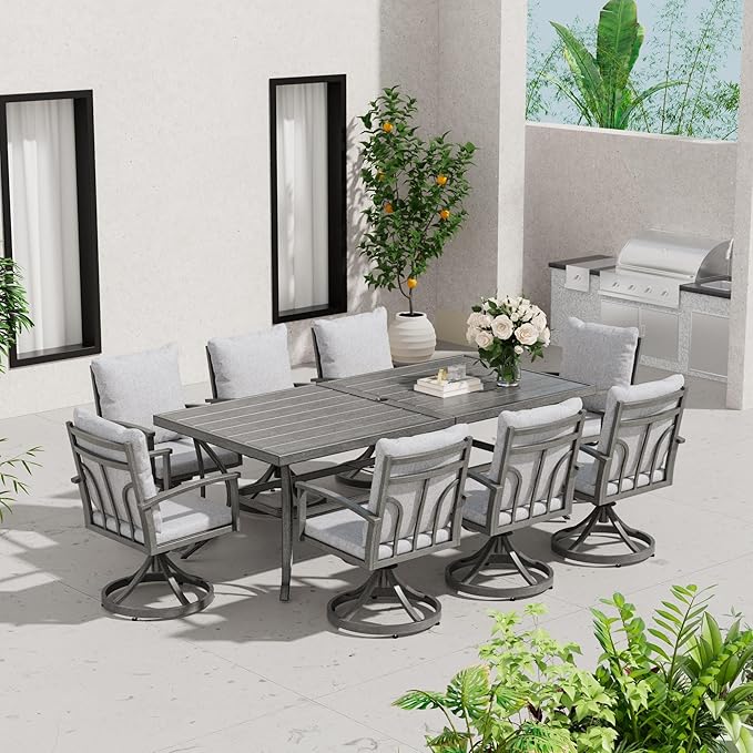 HAPPATIO 9-Piece Patio Outdoor Dining Set - All Aluminum Patio Table and Chairs Set for 8 Includes 1 Rectangular Dining Table and 8 Swivel Dining Chairs with Cushions for Lawn, Garden