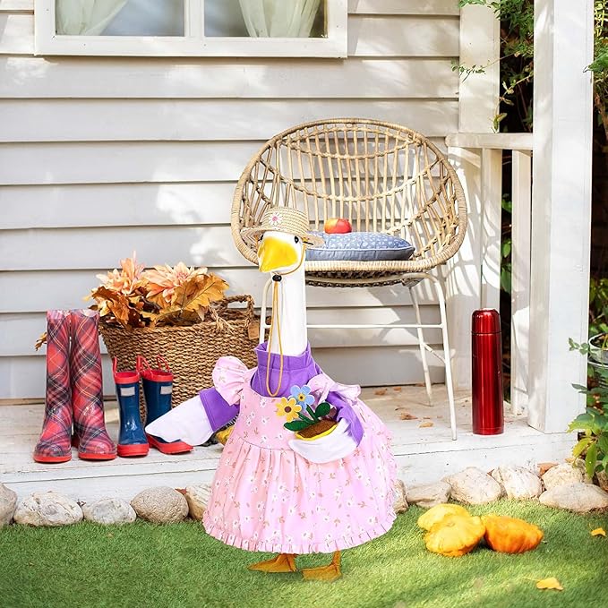 Sweet Gardener Porch Goose Outfits 23" Goose Statue Clothes Lawn Cement Goose Garden Yard Decor (Pink)