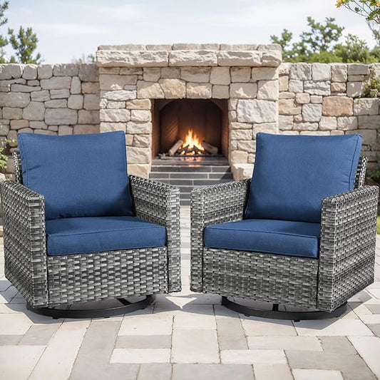 Outdoor Patio Swivel Rocker Chairs - Wicker Patio Swivel Rocking Chairs Set of 2 with Waterproof Wicker,Comfortable Cushions and Sturdy Metal Frame for Outside Porch Deck Backyard(Mixed Grey/Blue)