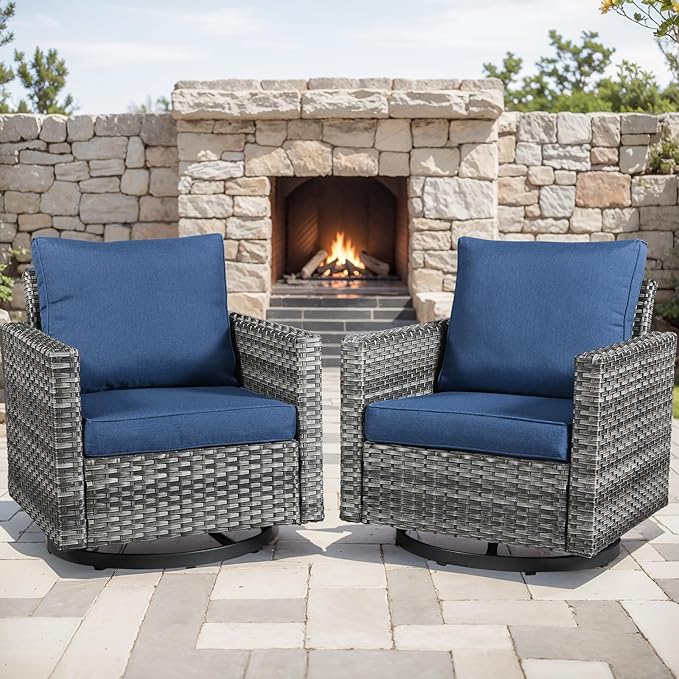 Outdoor Patio Swivel Rocker Chairs - Single Wicker Patio Swivel Rocking Chair with Waterproof Wicker,Comfortable Cushions and Sturdy Metal Frame for Outside Porch Deck Backyard(Mixed Grey/Blue/1PC)