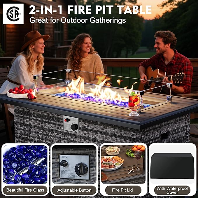 MEISSALIVVE 8 Pieces Patio Furniture Set with 43" Fire Pit Table, Wicker Patio Conversation Set with Swivel Rocking Chairs, Outdoor Patio Set for Lawn Backyard Porch (Grey)