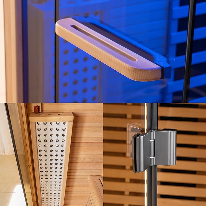 Woodbridge Infrared Home Sauna Room 2 Person Hemlock Wooden Indoor Sauna,7 Carbon 2230W/120V Heaters,with Led Color Therapy Light,Bluetooth Speaker,Tempered Glass,Touch-Tone Keypad and A Top Vent