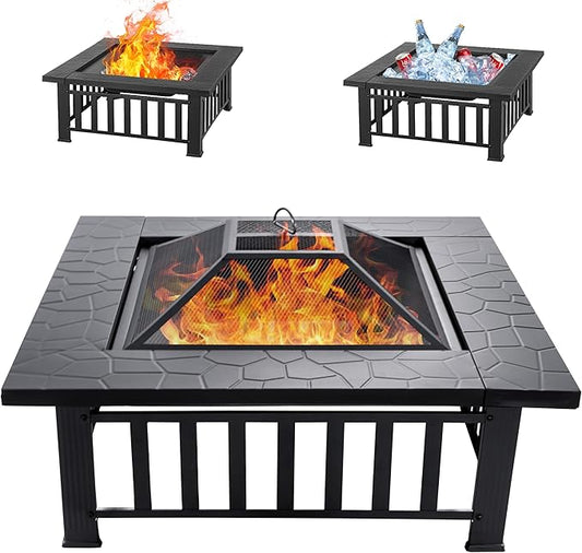 36 inch Fire Pit, Square Outdoor Fire Pit Table with Spark Screen & Fire Poker, 3-in-1 Multipurpose Firepits for Outside, Fireplace for Yard, Garden, Patio