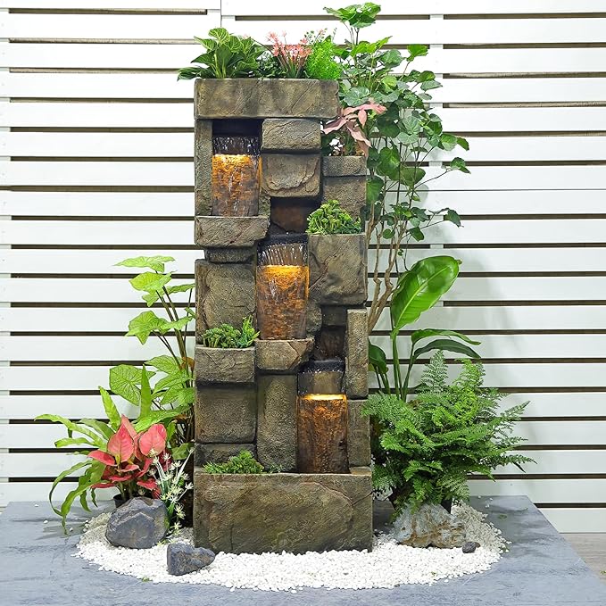 Garden Outdoor Water Fountain, 56.3" H 3-Tiered Imitation Rock Waterfall Fountain with LED Lights and Pumps for Garden, Patio, Backyard, Deck, Porch and Home Art Decor