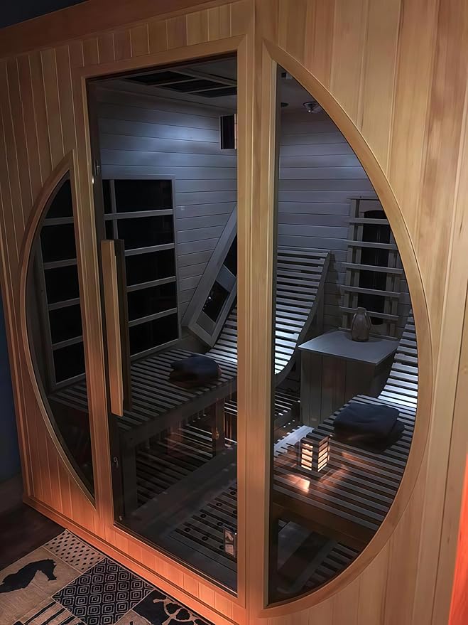 Far Infrared Wooden Sauna, Luxurious Canadian Hemlock Sauna with 2 Oversize Recliners, 220V, 3400 W, 9 Heating Element, Bluetooth Speakers, 7 Color Light, Oxygen Bar-Fast Delivery