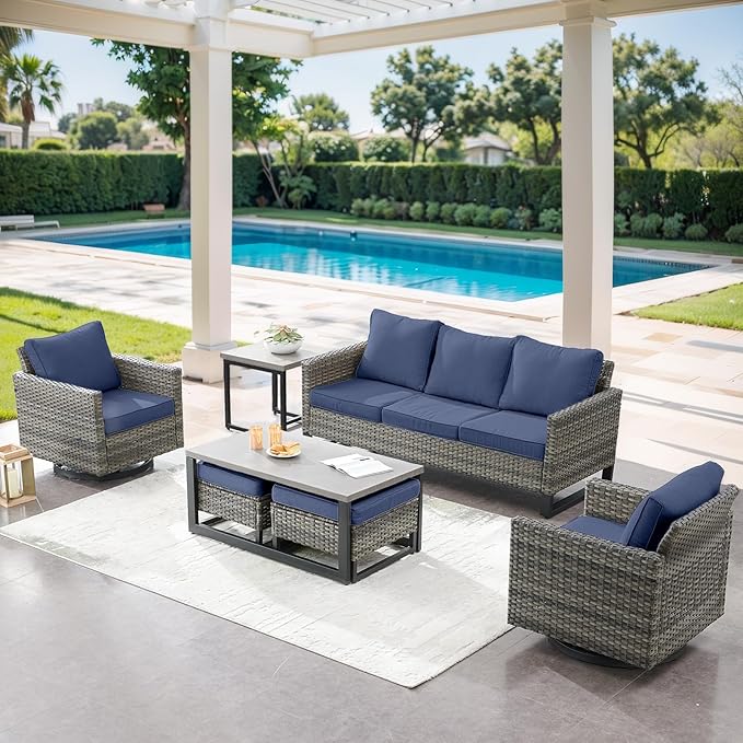 7 Piece Wicker Patio Furniture Set - Outdoor Swivel Rocker Chairs Set with Coffee Table, Side Table, 3 Seat Sofa & Ottomans, Small Patio Conversation Sets for Balcony Deck - Grey/Blue