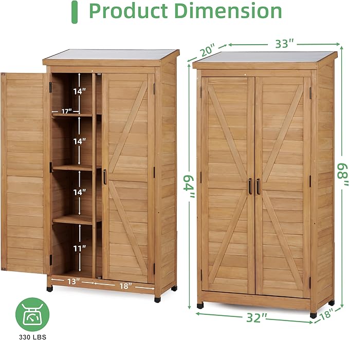 68''x33''x20'' Outdoor Wooden Storage Shed with Metal Top Tall Vertical Tool Cabinet for Backyard Garden Patio Lawn (Gold)