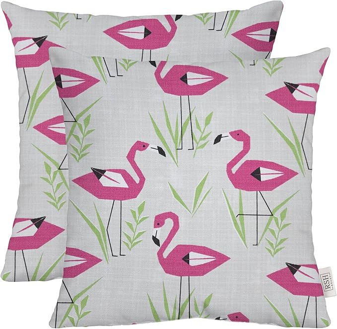 RSH DECOR: Square Throw Pillows Set of 2 | 17” x 17” | All-Weather Spun Fabric | Water and Fade-Resistant | Outdoor Accent Pillows for Patio Furniture | Groove Pink Flamingo