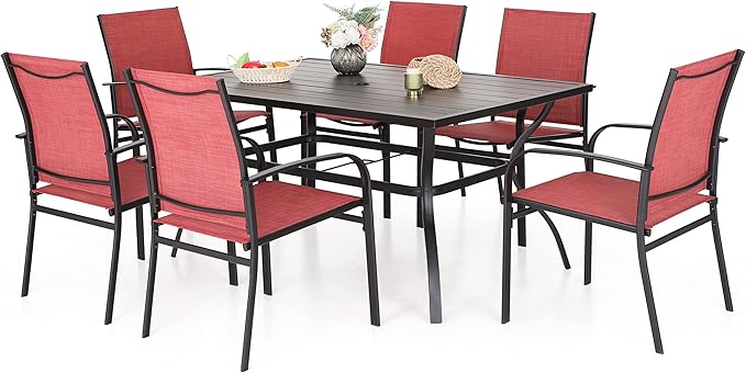 Patio Table and Chairs Set, Patio Dining Sets for 6 with Red Chairs and Metal Rectangular Table, 7-Piece Patio Furniture Set for Deck Backyard Poolside
