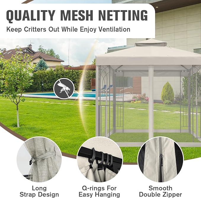 COOS BAY 8x8 Outdoor Patio Gazebo with Netting and Corner Shelves, Two-Tier Soft Top Canopy for Backyard, Lawn, Deck and Garden, Beige