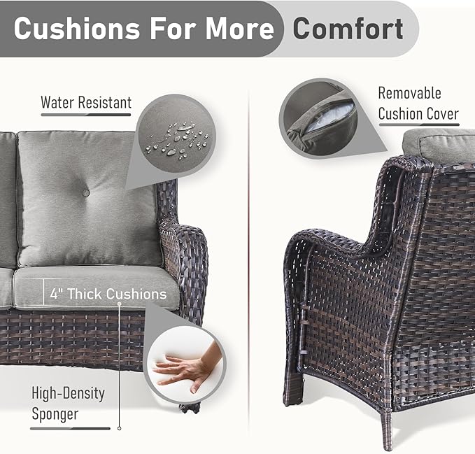 Wicker Outdoor Conversation Se with 50,000 BTU Gas Propane Fire Pit Tablet-6 Pieces Outdoor Wicker High Back Couch Patio Furniture for Deck Poolside Backyard