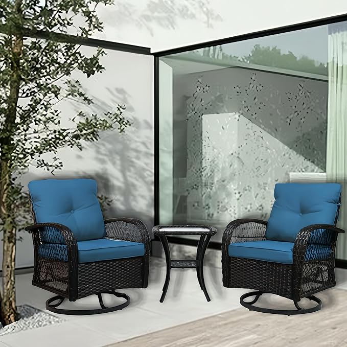 Patio Furniture Set Swivel Rocker, Outdoor Patio Chairs, 3 Piece Suit Porch Furniture Rocking Set, Backyard and Garden Rocker Rattan Chair, with Thickened Cushions and Glass Coffee Table(Navy)