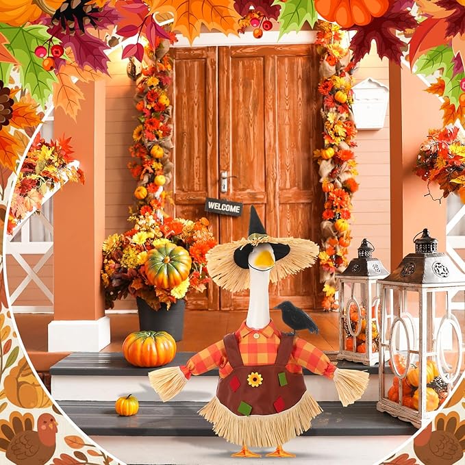 3 Pcs Thanksgiving Scarecrow Porch Goose Outfits for 23 Inch Lawn Statue Goose Design with Hat Thanksgiving Day Fall Garden Patio Yard Outdoor Party Decorations(Female Scarecrow)