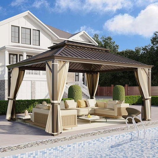YOLENY 12' x 16' Gazebo, Galvanized Steel Double Roof Hardtop Gazebo with Aluminum Frame, Permanent Outdoor Metal Pavilion with Curtain and Netting for Patio, Lawn and Garden