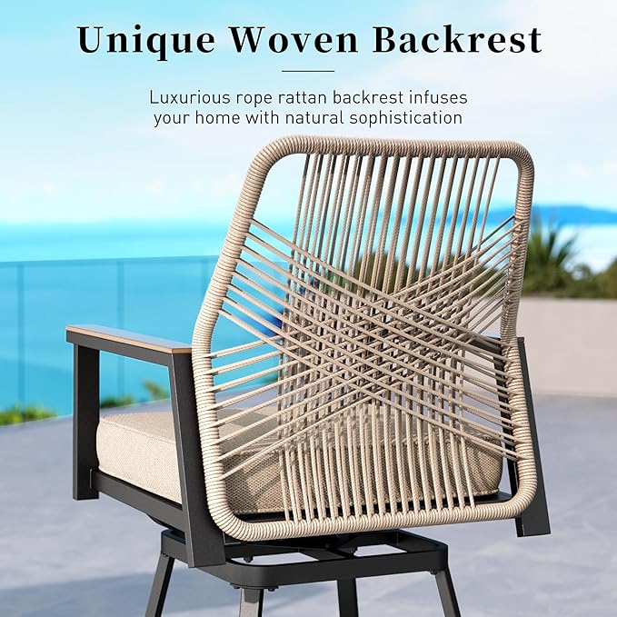 Outdoor Swivel Bar Stools Set of 4, Rattan High Top Patio Chairs with Waterproof Cushion and Armrest, All-Weather Bar Height Furniture for Outside Patio Balcony and Pool, Beige