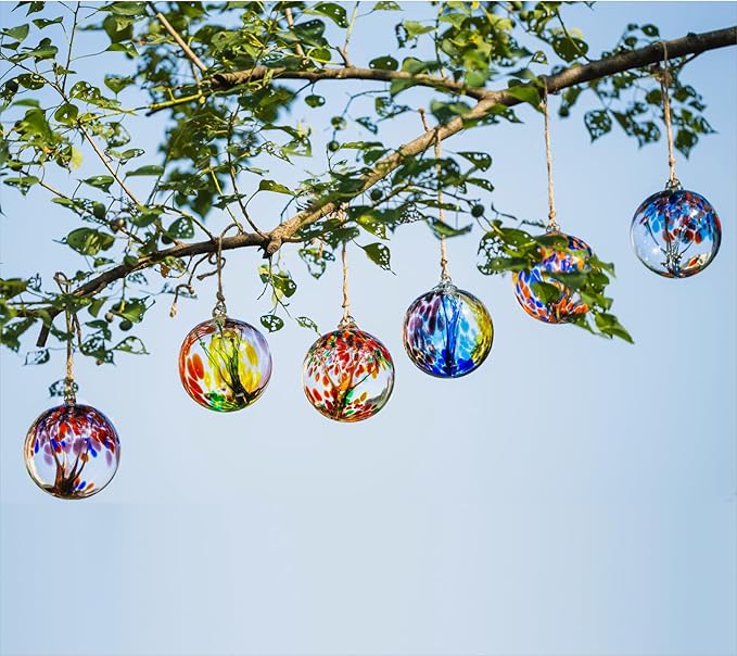 4” Tree of Life Witch Balls, Gazing Balls Hanging Friendship Balls, Hand-Blown Glass Christmas Ornament for Window Outdoor Home Decor, Garden Decoration, Gifts for Women (Yellow