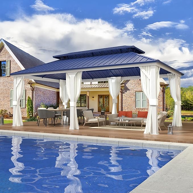 EROMMY 12'x20' Gazebo Hardtop, Galvanized Steel Double Roof Metal Gazebo with Aluminum Frame, Permanent Outdoor Pavilion with Curtain and Netting for Patio Lawn and Garden, Blue