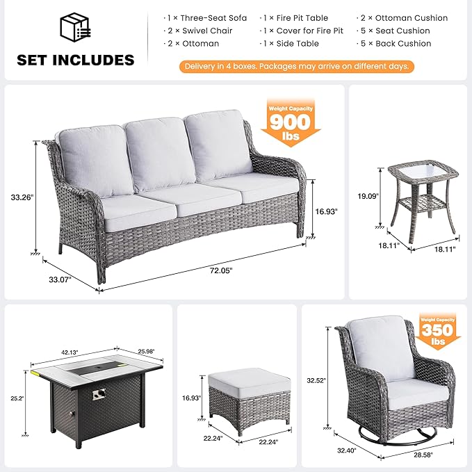 ovios 7 Pieces Patio Furniture Set, Outdoor Wicker Sofa Couch with Swivel Chairs 42" Fire Pit Table, High Back All Weather Modern Conversation Sets, Grey Rattan, Grey