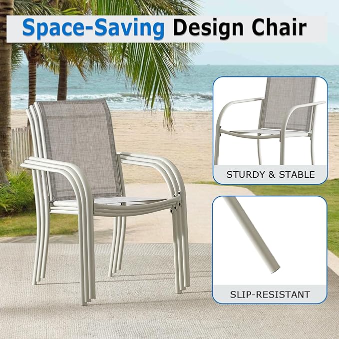 Outdoor Dining Chairs Set of 6, Stackable Patio Chairs with Textilene Fabric, Lightweight Garden Chairs for Poolside, Backyard, Camping, Grey