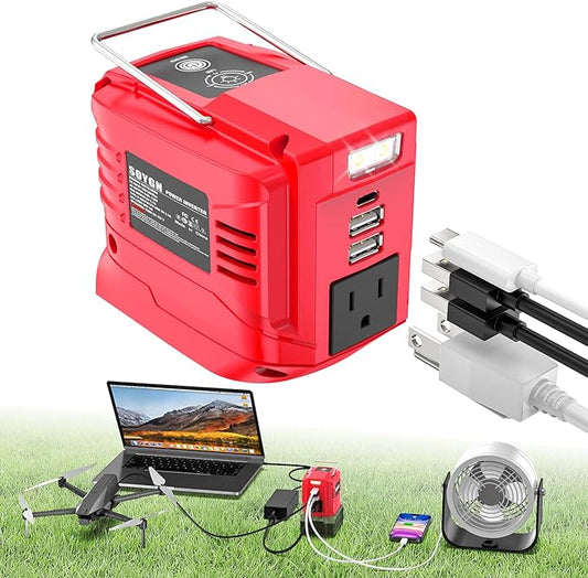 200W Power Inverter Compatible with Milwaukee 18V Battery, DC 18V to AC 110V Portable Power Station with 1 AC Outlet, 2 USB Ports & 1 Type-C Fast Charging, 200LM LED Work Light