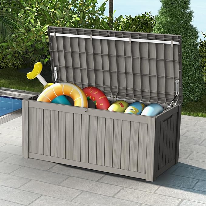 Mars Villa Deck Box, Waterproof and Weatherproof Large Resin Storage Bin with Lockable Lid, Ideal for, Outdoor, Patio Furniture Cushions, Pool Supplies, Garden Tools (119 Gallon, Light Brown)