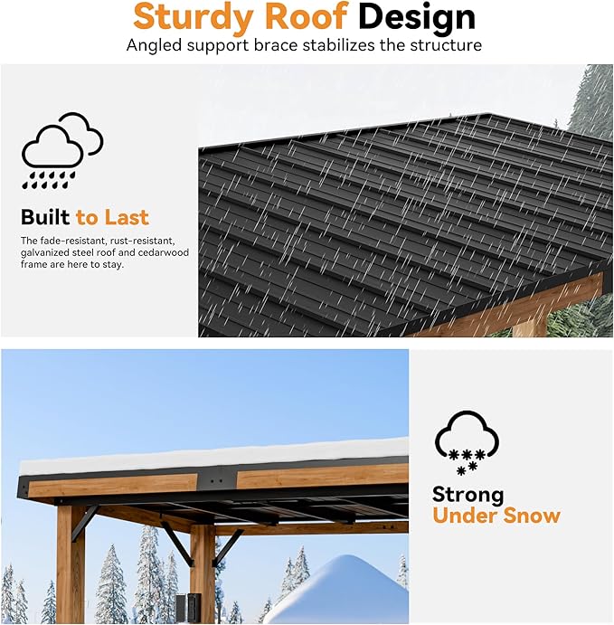 Modern Shade Woodberry Grill Gazebo 6' X 12', Cedar Wood Gazebo with Dual bar Tops & Shelves, Patio Pavilion with Galvanized Steel Roof, USB and USB-C Charging Ports for Patio, Garden