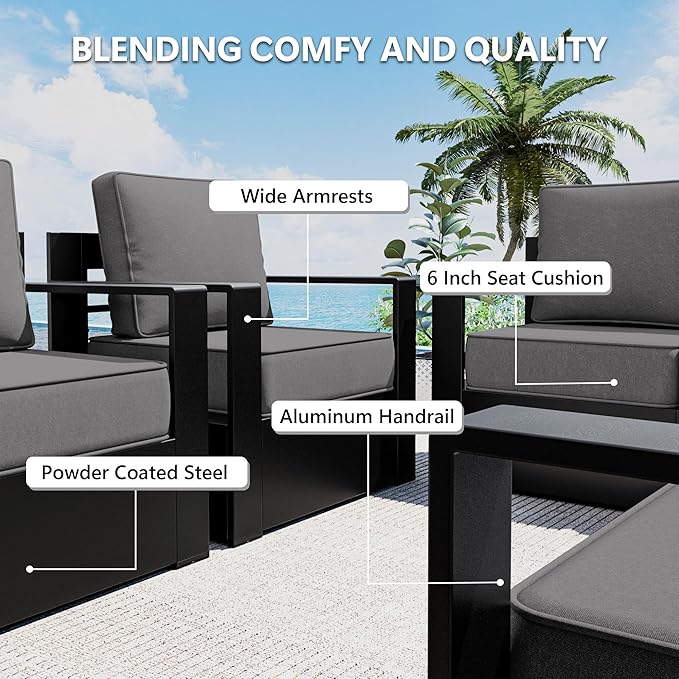 Outdoor Patio Furniture Set, 3-Piece Aluminum Patio Conversation Set All-Weather Metal Outdoor Sectional with 6 Inch Thick Cushions, Deep Setting for Garden, Outside and Porch