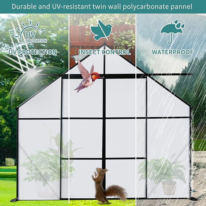 Favfurish 8X10 FT Greenhouses for Outdoors,Double Sliding Door Polycarbonate Greenhouse,Heavy Duty Walk-in Garden Plants Green House, Drainage System & Galvanized Frame for Outside Backyard, Black