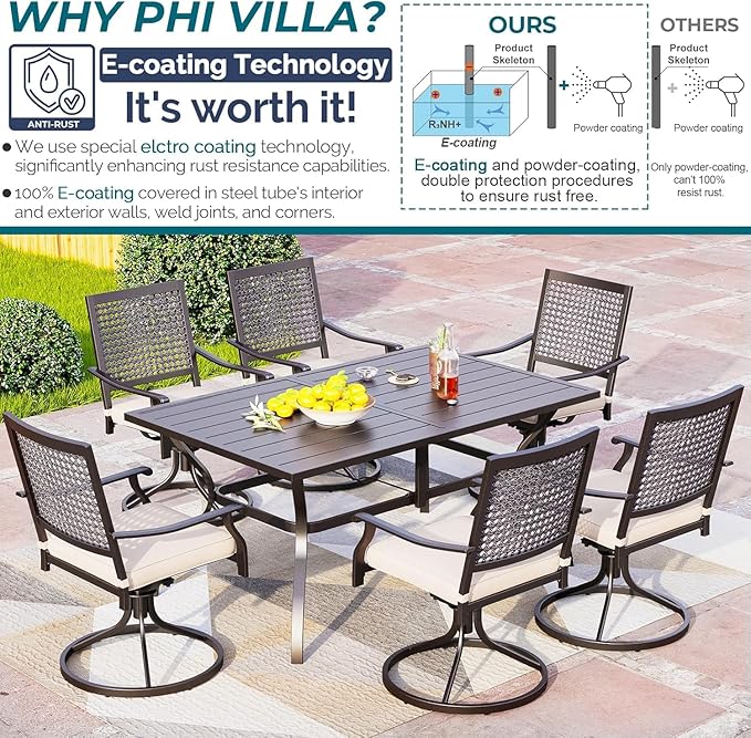 PHI VILLA 7 Pieces Outdoor Dining Set for 6, 60" Rectangle Metal Wrought Iron Table with Umbrella Hole & Swivel Steel Chairs with Cushions, Large Furniture Set for Patio, Deck, Porch, Yard