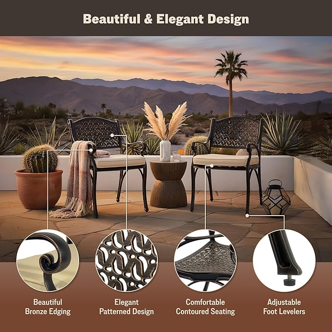 Kinger Home Harmon 2-Piece Cast Aluminum Outdoor Patio Chair, Patio Seating with Cushions, Chairs for Outside, Weather Resistant, Cushions Included