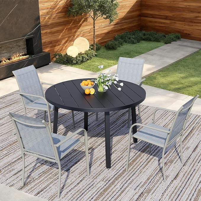 5 Pieces Round Dining Table Set for 4, Patio Dining Set Includes 4 Beige Blue Stackable Patio Chairs and 1 Black Round Table, Patio Furniture Setss with Sling Support for Outside, Garden