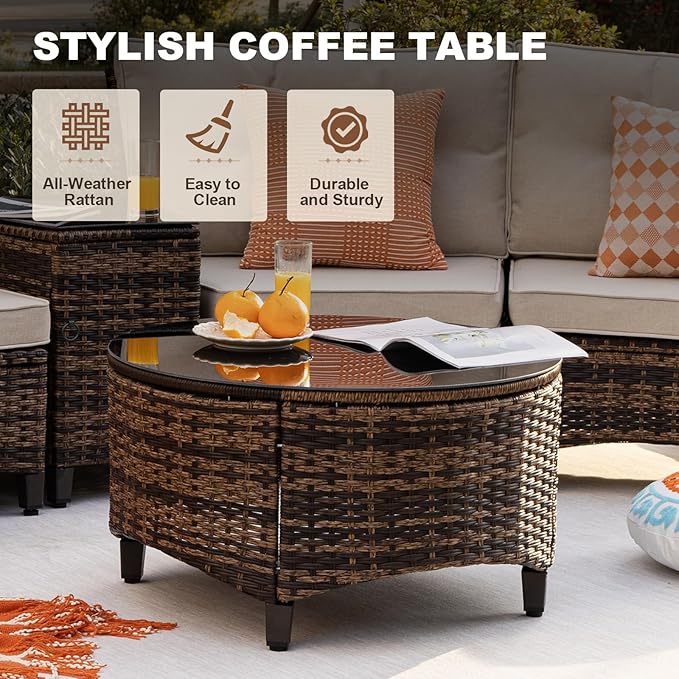 MEISSALIVVE 11 Piece Outdoor Patio Furniture Set, Half-Moon Curved Sectional Sofa Rattan Conversation Set with Wood Armrests, Coffee Table & 2 Side Table（Brown）