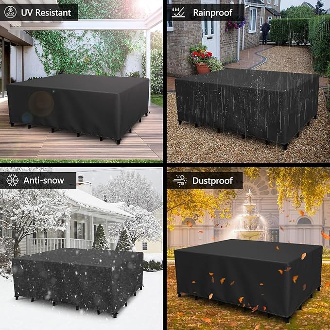 Patio Furniture Covers Outdoor Table Cover Waterproof Rectangular 420D Garden Dining Table Cover Wind Dust Proof Anti-UV Patio Sectional Couch Cover Table and Chair Set Covers 90"Lx65"Wx28"H Black