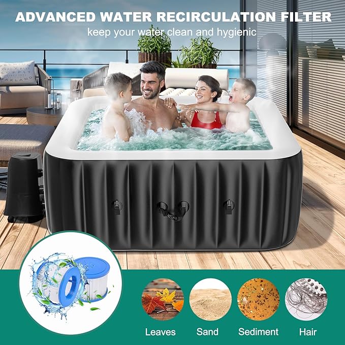 DoCred 4-6 Person Inflatable Hot Tub, 73" X 73" X 25" Square Blow up Portable Hot tub with 130 Bubble Jets, Large Outdoor Spa Bathtub Set Included Heater Pump, Insulated Cover and Filter