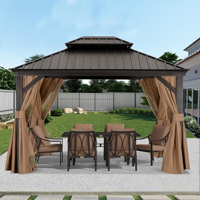 ABCCANOPY Hardtop Gazebo 10x12 - Outdoor Metal Hard Top Gazebo, Permanent Galvanized Steel Aluminum Framed Pavilion with Netting and Curtain for Patio Backyard Lawn Garden (Double Roof, Khaki)