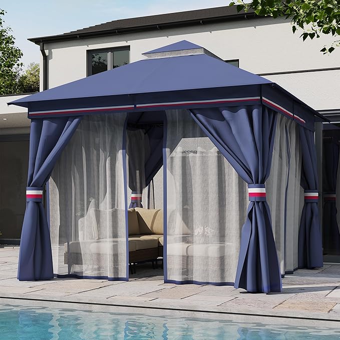 LAUSAINT HOME Outdoor Patio Gazebo 10'x10' with Expansion Bolts, Heavy Duty Gazebos Shelter Party Tent with Double Roofs, Mosquito Nettings and Privacy Screens for Backyard, Garden, Lawn, Elegant Blue