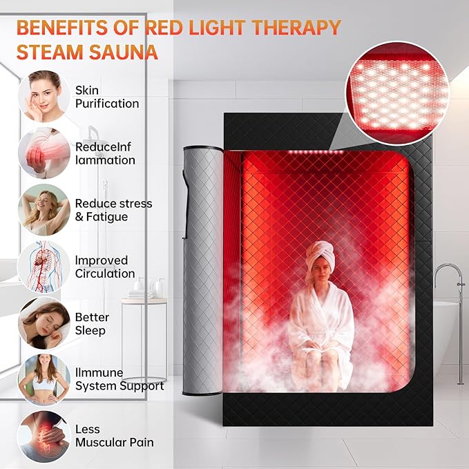Upgraded 2 Person Infrared Sauna Box, 77”x 37”x 50” Portable Sauna with 660nm Red Light Therapy & 850nm,5-Layer Waterproof, 2 Steamers,2 Folding Chairs for Home Sauna
