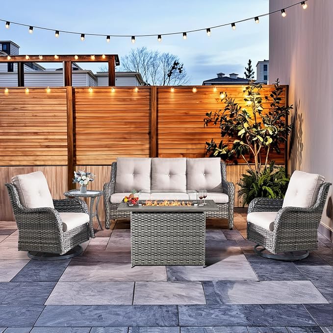 HUMMUH Patio Furniture Set with Fire Pit Table 5-Piece Wicker Outdoor Swivel Rocker Patio Chairs High Back Outdoor Couch Conversation Set for Porch, Backyard, Deck