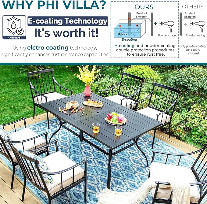 PHI VILLA 7 Piece Outdoor Dining Set with Cushion, 60” Rectangular Metal Dining Table with Umbrella Hole & 6 Cushioned Iron Chairs for Patio, Deck, Yard