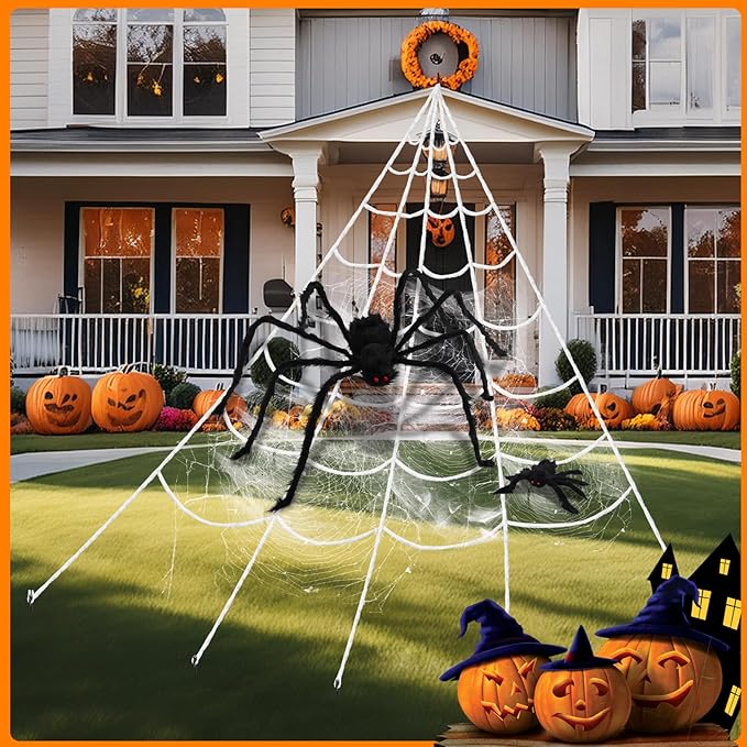 2 Pcs 59" Giant Halloween Spider+11.8" Baby Spider+212" Giant Spider Web, Large Halloween Yard Lawn Holiday Decor