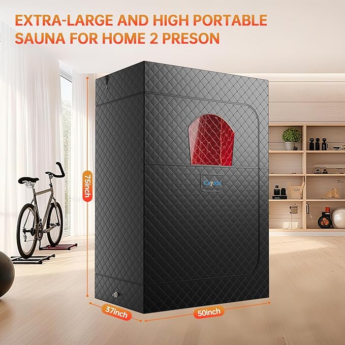 Upgraded 2 Person Infrared Sauna Box, 77”x 37”x 50” Portable Sauna with 660nm Red Light Therapy & 850nm,5-Layer Waterproof, 2 Steamers,2 Folding Chairs for Home Sauna