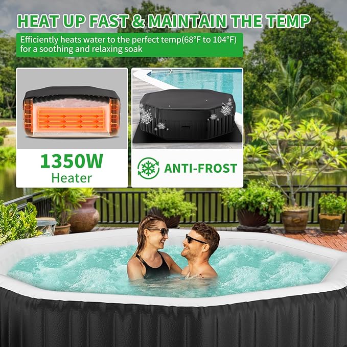 4-6 Person Inflatable Hot Tub, Polygon Portable Blow Up Hot Tub, Leak-Proof PVC Outdoor Spa with 130 Strong Air Jets, Heater Pump and Insulated Cover, 77” X 77”X 25”