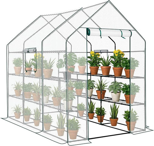 Outvita Walk-in Greenhouse, Outdoor Durable PE Plant Green House for Frost Protection with 3 Tiers 12 Shelves, Shelf Clips, Roll-up Zipper Door, 56"x85"x77" White
