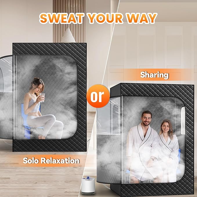 Manastin 2 Person Portable Steam Sauna for Home, 1 or 2 Person Full Body Home Spa with 2 Foldable Chairs,9 Levels of Sauna Box with Remote Control, (Black, Large)