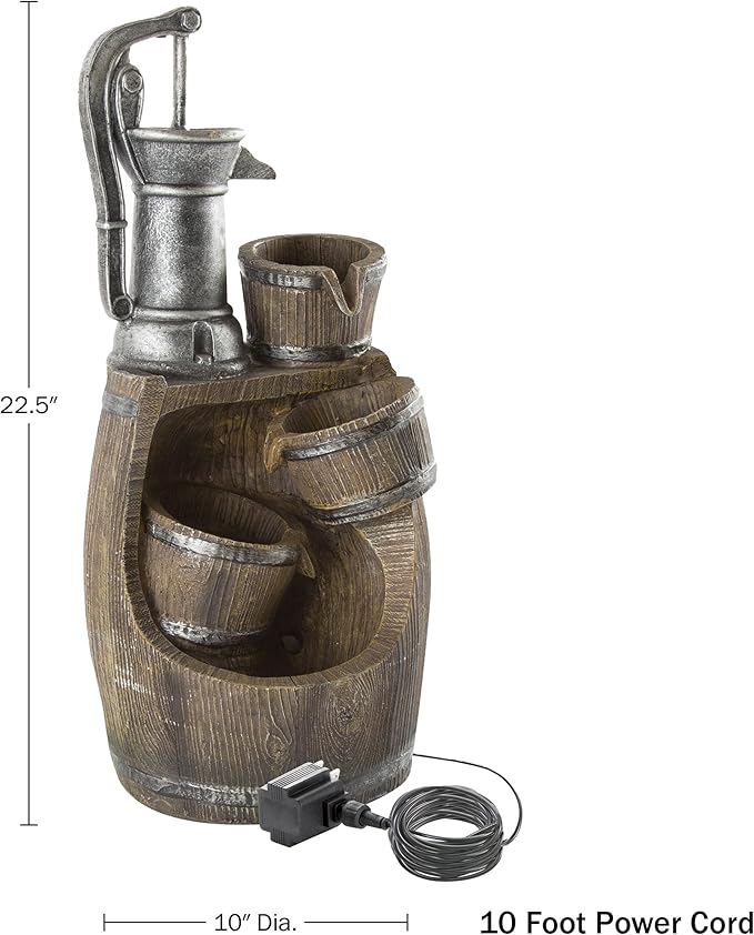 Pure Garden Water Fountain Outdoor Waterfall with Pump and LED Lights - Old Fashioned Rustic Barrel 4-Tier Indoor or Outdoor Fountain - Patio, Deck, Balcony or Backyard Water Fountains with Lights
