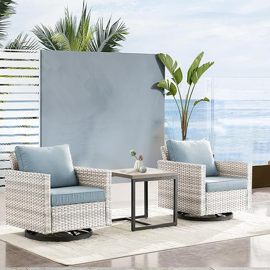 Outdoor Swivel Rocker Chairs, Patio Swivel Chair Set, Wicker Swivel Patio Chairs Set of 2 with One Side Table, Light Grey/Light Blue