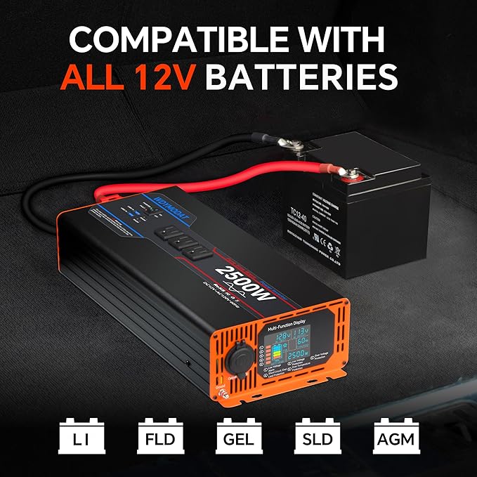 2500W Pure Sine Wave Inverter, Car Power Inverter 12V to 110V 120V, DC to AC Converter Generator with AC Outlets 3.0A USB Type-C, Remote Controller LCD Display Truck Inversor for Vehicles, RV